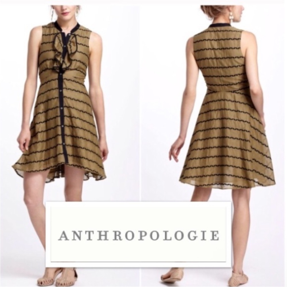 Anthropologie Postmark Olive Green Tan Bubble Bands Button Ruffle Stripe Dress 4